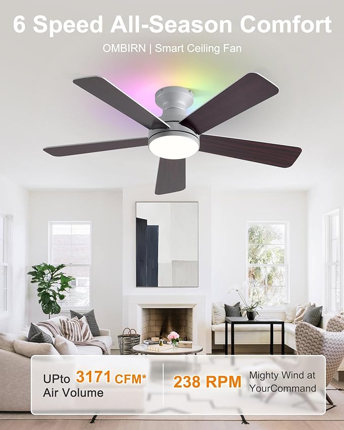 42 Inch Ceiling Fans with Lights, Smart Ceiling Fan with Alexa Google App, Silver Ceiling Fan with RGB Lights Remote, 6 Speeds Reversible DC Motor, Modern Flush Mount for Bedroom Living Room