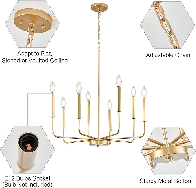 Modern Gold Chandelier for Dining Room,Metal 8-Light Kitchen Light Fixtures, Farmhouse Candle Hanging Pendant Light for Living Room Entryway Foyer Bedroom (Bulbs Not Included)