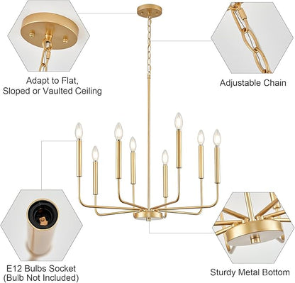 Modern Gold Chandelier for Dining Room,Metal 8-Light Kitchen Light Fixtures, Farmhouse Candle Hanging Pendant Light for Living Room Entryway Foyer Bedroom (Bulbs Not Included)