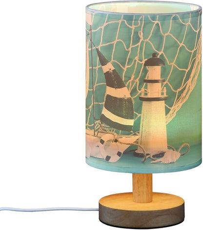 Table Lamp Nautical Sailboat Lighthouse Seashell Fishnet Blue Wood Nightstand Lamp with Wood Base Fabric Lamp Shade Bedside Desk Lamp for Living Room Bedroom Kids Room Office