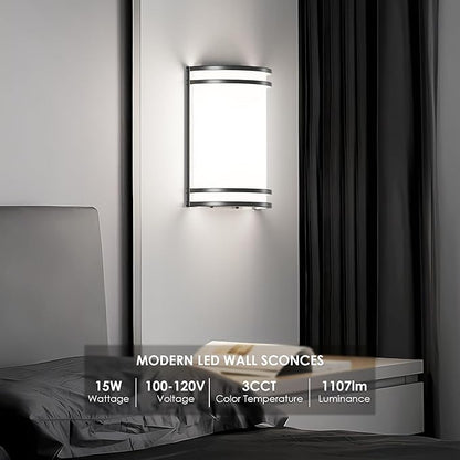 Aipsun Black Wall Sconces Set of Two, Hardwired Indoor 15W LED Modern Dimmable 3000K 4000K 5000K Wall Sconce Lighting for Living Room Hallway Bedroom