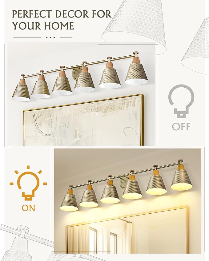 FEMILA Gold Light Fixture Bathroom, 6 Light Brushed Gold Vanity Light, 45.3" Bathroom Lighting Fixture Over Mirror, 4FG59B-6W BG