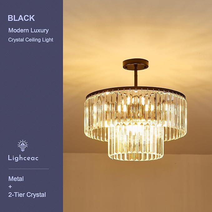 17.7" Black Semi Flush Mount 2-Tier Crystal Ceiling Light Fixtures for Dining Room Modern Luxury 8-Light Chandeliers Lighting for Bedroom Entryway Hallway Kitchen Island Living Room Foyer