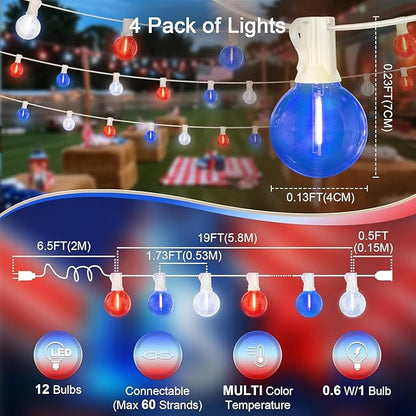 LAMPHOME 4-Pack 26Ft Outdoor Red White Blue String Lights, Patriotic Patio Light with 12+1 Edison Bulbs, LED Shatterproof String Lights for Outside Bistro Christmas Patio Party Decorations