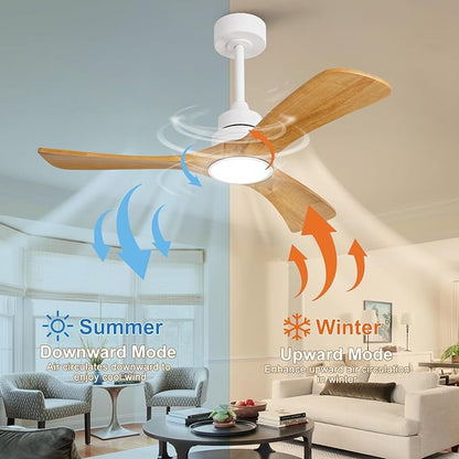 42 inch Ceiling Fan with Light and Remote Control,Wall Switch,Solid Wood Blades,Dimmable,Reversible Quiet DC Motor,Power off Memory Modern White Ceiling Fan Indoor/Outdoor for Bedroom Patios
