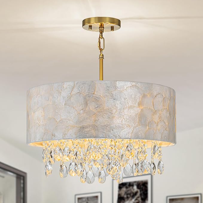 LumFurn 4-Light Drum Capiz Shell Crystal Chandeliers, Coastal Style Pendant Light Fixture for Dining Room, Living Room, D18 x 21~68"(Adjustable), Shell Lampshade & Gold Finish