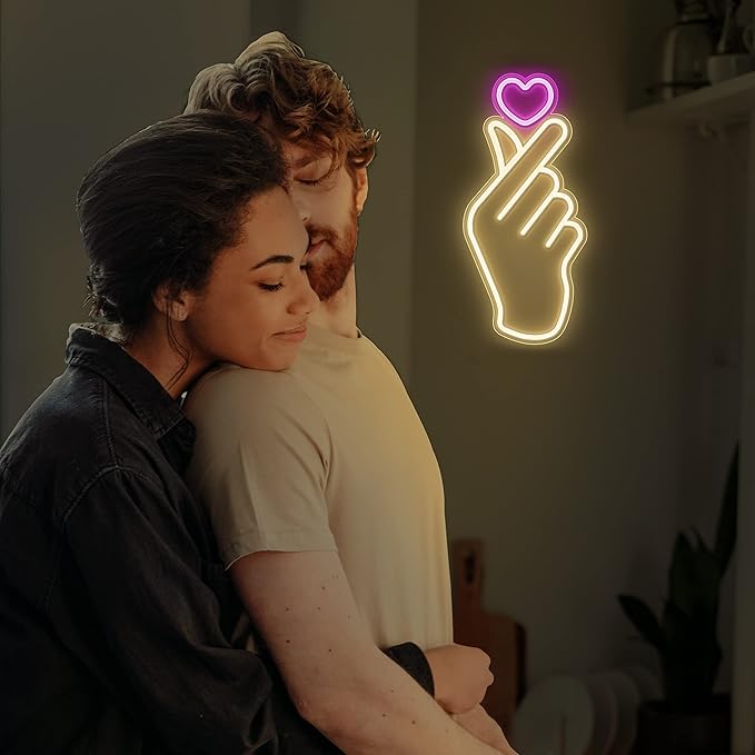 Lumoonosity Finger Heart Neon Sign - Pink & Warm White K-Drama Hand Heart Gesture Neon Signs - Premium K-Pop Hearts Led Noen Light for Bedroom, Game Room Decor