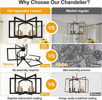 25" Modern Black and Gold No Assembly Required Chandelier for Dining Room, Black and Gold Dining Room Light Fixture Over Table, Industrial Metal Hanging Pendant Light for Kitchen Island, Entryway
