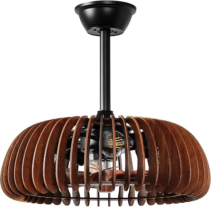 20'' Caged Ceiling Fan with Light, Wooden Low Profile Ceiling Fan with Light and Remote, 6 Speed and Reversible, Farmhouse Fandelier Bladeless Fan Lights for Bedroom, Kitchen