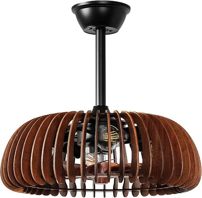 20'' Caged Ceiling Fan with Light, Wooden Low Profile Ceiling Fan with Light and Remote, 6 Speed and Reversible, Farmhouse Fandelier Bladeless Fan Lights for Bedroom, Kitchen