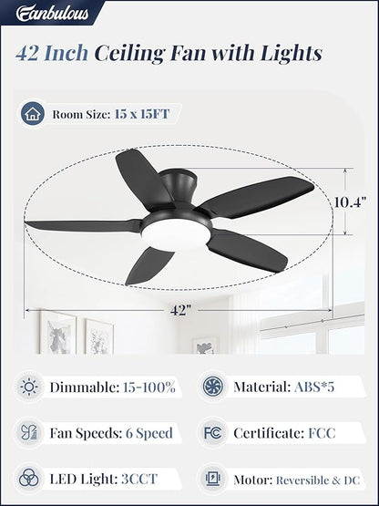 Fanbulous Ceiling Fans with Lights, 42 inch Low Profile Flush Mount Ceiling Fan with Remote/APP Control,Black Modern Ceiling Fan with LED Light for Bedroom Indoor Outdoor-LED Dimmable, 3CCT, 6 Speeds