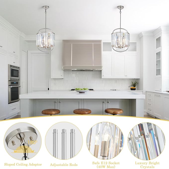 4-Light Brushed Nickel Crystal Chandelier Mini Pendant Lighting 12.8" Crystal Lamp for Closet Bedroom Foyer Dining Room Hanging Ceiling Light Fixture