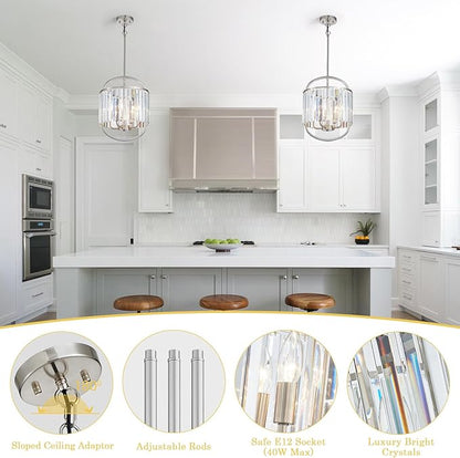 4-Light Brushed Nickel Crystal Chandelier Mini Pendant Lighting 12.8" Crystal Lamp for Closet Bedroom Foyer Dining Room Hanging Ceiling Light Fixture