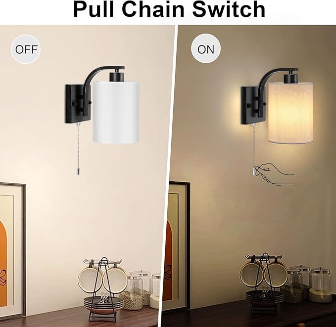 Lightess Pull Chain Wall Sconces Set of 2, Hardwire Wall Light Fixture with ON/Off Switch, White Fabric Lighting for Bedroom Living Room, Black (Bulbs Not Included)