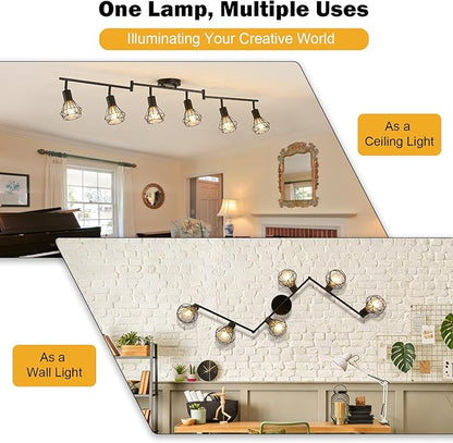 6-Light Black Track Lighting Fixtures Ceiling Modern Farmhouse Track Lighting with Metal Cage E26 Base Kitchen Lights Fixture Flush Mount Ceiling Light Fixture for Dining Room(Bulbs Not Included)