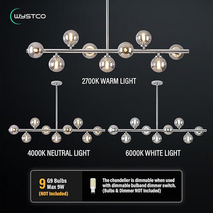 Mid Century Modern Glass Globe Sputnik Chandelier, 9-Light Linear Chandeliers for Dining Room, Kitchen Island, Living, Dining Light Fixture Over Table, Chrome and Smoke Grey Bubble, 40 Inch