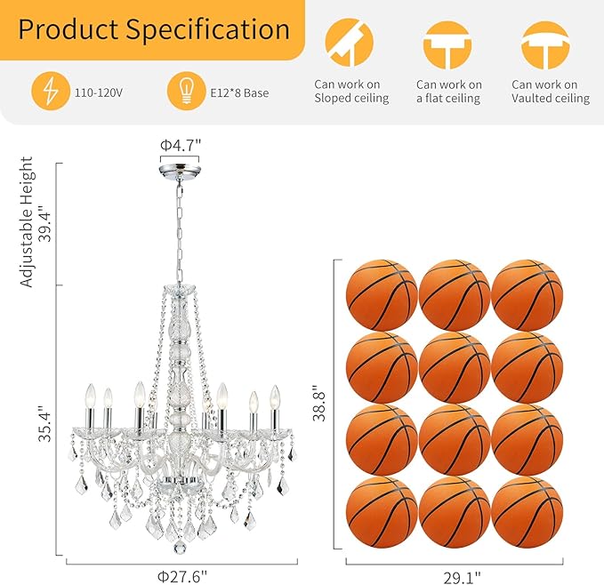WUZUPS 8-Light Crystal Candle Chandelier Pendant Ceiling Light Modern Lighting Fixture for Bedroom Hallway Bar Kitchen Bathroom, H 35.4" W 27.6", E12 Base, Chrome