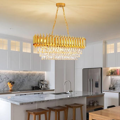 Modern Crystal Chandeliers for Dining Room 8-Light Gold Crystal Chandelier Living Room Oval Contemporary Ceiling Hanging Light Pendant Light Fixture for Kitchen Island Bar Restaurant L32