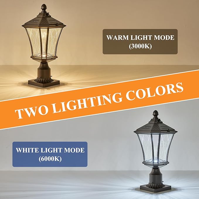 Dusk to Dawn Solar Outdoor Post Lights, Brown Outside Pillar Lights with Pier Mount Base, Waterproof Aluminum Solar Pole Lamps Head with Patterned Glass for Yard, Path, Garden