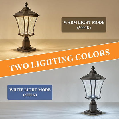 Dusk to Dawn Solar Outdoor Post Lights, Brown Outside Pillar Lights with Pier Mount Base, Waterproof Aluminum Solar Pole Lamps Head with Patterned Glass for Yard, Path, Garden