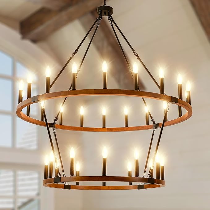 HHR 2 Tier 48'' Solid Wood Wagon Wheel Chandelier, 32-Light High Ceiling Island Lights Fixtures, Rustic Large Chandelier for Farmhouse Dining Room Bedroom Entryway Living Room Café E12