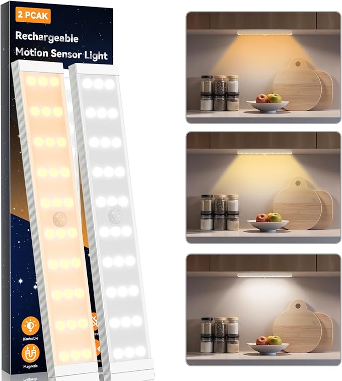 BERTHALESS 2 Pack Closet Lights, Rechargeable Under Cabinet Lighting, 30 LED Motion Sensor Light, Dimmable, 3 Color Temperatures Counter Lights for Kitchen, Pantry, Bedroom, Wardrobe