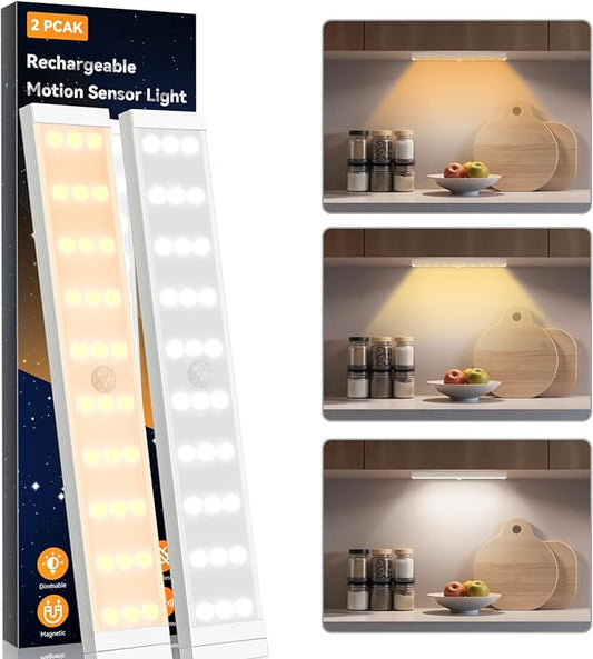 BERTHALESS 2 Pack Closet Lights, Rechargeable Under Cabinet Lighting, 30 LED Motion Sensor Light, Dimmable, 3 Color Temperatures Counter Lights for Kitchen, Pantry, Bedroom, Wardrobe