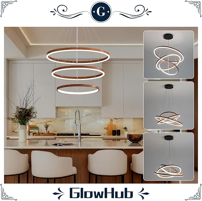 GlowHub 3-Rings Modern LED Chandelier, Wood Grain Round Dimmable Pendant Lighting with Remote Control Circular Hanging Light High Ceiling for Dining Room Kitchen Foyer, 3000K-6500K D20’’