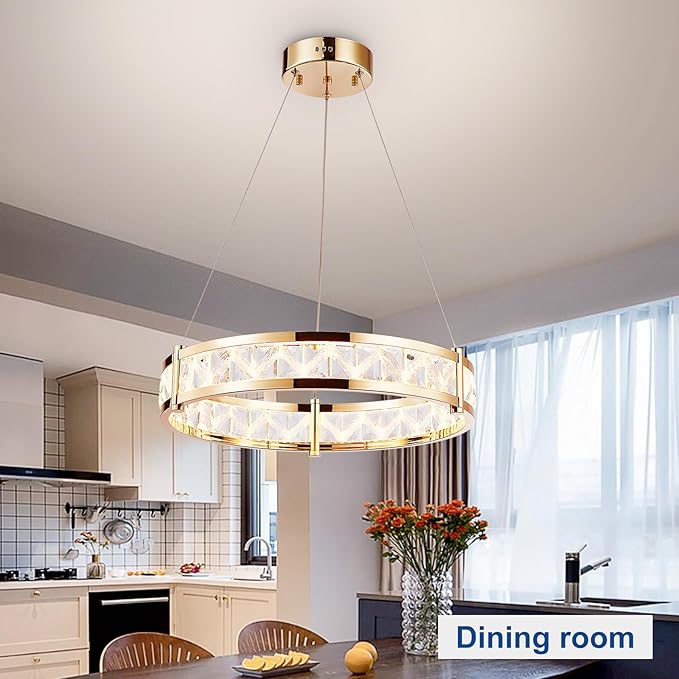 Depuley Modern LED Crystal Chandeliers: 19.7" Ring Chandelier Hanging Crystal Ceiling Light Fixture - 42W Adjustable Height Pendant Light for Living Room Dining Room Bedroom Foyer
