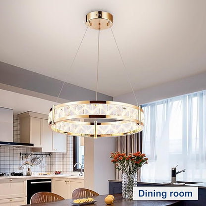 Depuley Modern LED Crystal Chandeliers: 19.7" Ring Chandelier Hanging Crystal Ceiling Light Fixture - 42W Adjustable Height Pendant Light for Living Room Dining Room Bedroom Foyer