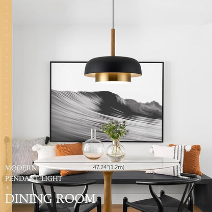 Mid Century Large Pendant Lighting,18.8 inch,Double-Layer,Real Wood Accent,Black and Gold Modern Chandelier for Dining Room,Kitchen, Living Room