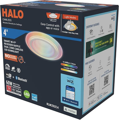 HALO 4 in Dual Zone Smart Wi-Fi Canless LED Ceiling Light Fixture 4-Pack Connected by WiZ Pro, Dimmable, Full Color, SpaceSense Motion Detection - RLWZDZC4-4PK
