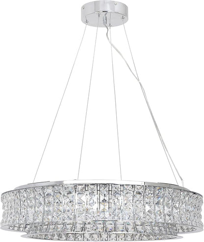 Modern Crystal Chandelier Round 12-Light Contemporary Hanging Ceiling Light Fixture Chrome Finish with Clear Rectangular Crystals Dining Room Living Room Bedroom Entryway Lighting Easy Install 24''