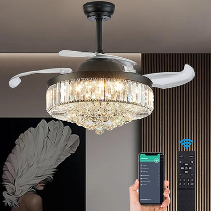DuMaiWay 48" Dimmable Crystal Ceiling Fan Chandelier with Remote 6 Speeds, 4 Blades Retractable Fans for Bedroom Living Room Dining Room-Black