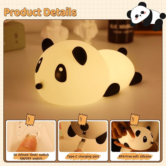 Panda Night Light for Kids: Squishy Silicone Animal Light,7 Soft Colors,Tap Control,Rechargeable,Sleep Timer,Battery Baby Nightlight for Childrens Room & Nursery,Bedside Touch Lamp