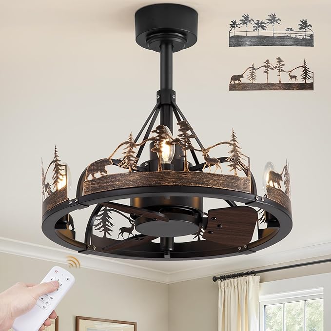 Fanbulous 20 Inch Farmhouse Rustic Ceiling Fan with Light and Remote, Black Chandelier Fan with Bear and Deer Design,Summer Sand Beach Design,Rustic Chandeliers for Living Room, Bedroom