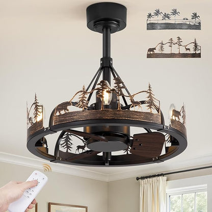 Fanbulous 20 Inch Farmhouse Rustic Ceiling Fan with Light and Remote, Black Chandelier Fan with Bear and Deer Design,Summer Sand Beach Design,Rustic Chandeliers for Living Room, Bedroom