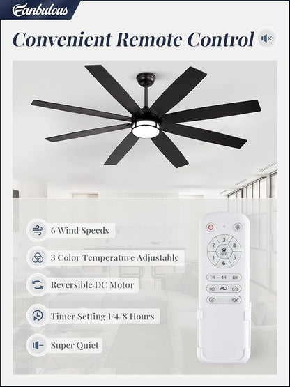 Fanbulous 65 Inch Ceiling Fans with Lights and Remote, Farmhouse Large Ceiling Fans, Black&Brown Modern Ceiling Fan with LED Light, Quiet DC Motor for Living Room, Bedroom, Kitchen, Indoor