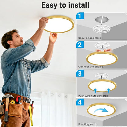 2 Pack LED Flush Mount Ceiling Light,7Inch 15W,3000K/3500K/4000K/5000K/6500K 5 Color Temperatures Ceiling Light Fixture for Kitchen Porch Hallway Bedroom Bathroom and Closet,Brushed Gold