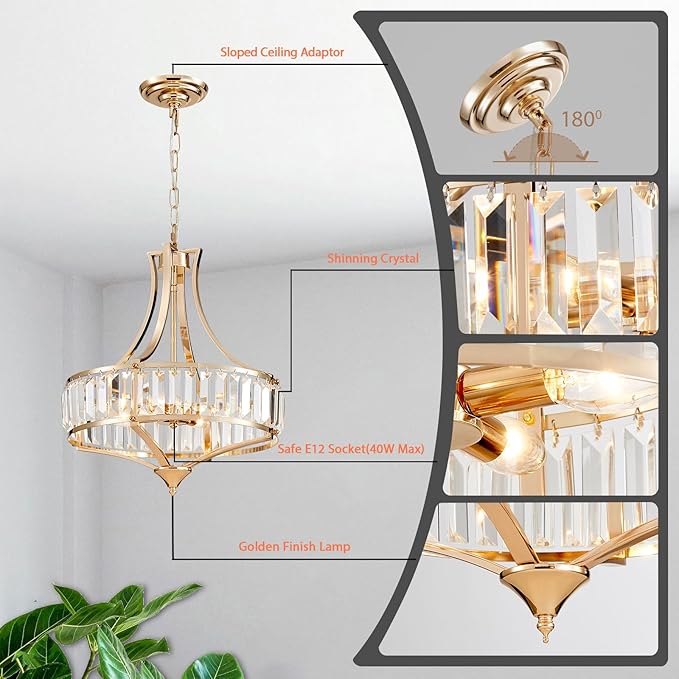 Crystal Chandeliers for Dining Room Modern Farmhouse 4-Light Rustic Mid Century Chandelier with Round Metal Lampshade, Perfect for Hallway Bedroom Foyer, Brush French Glod