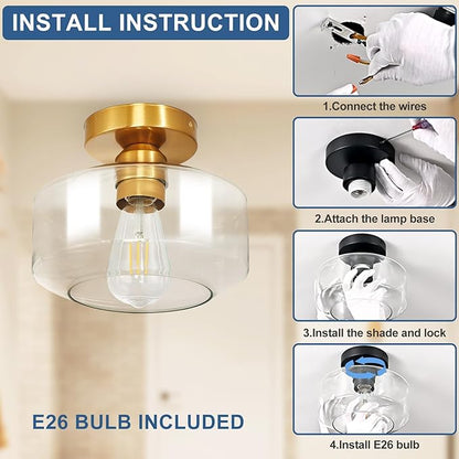 Industrial Semi Flush Mount Ceiling Light: Gold Kitchen Lighting Fixtures Ceiling with Clear Glass - Vintage Hallway Light Fixtures E26 Bulb Included - 8.46” Light Fixtures Mount for Foyer