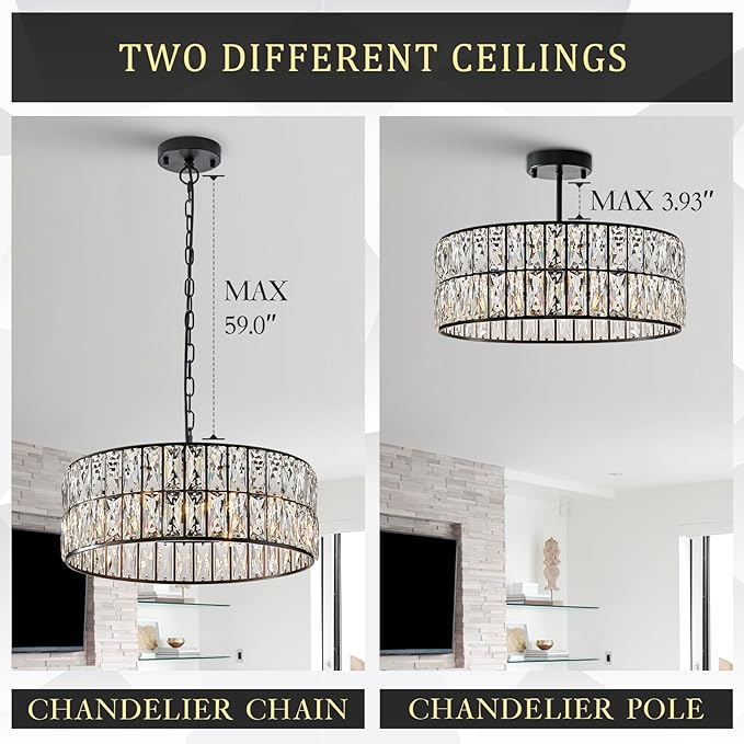 CATINER Black Crystal Chandelier 6-Lights Crystal Pendant Light Large 18 Inches Drum Semi Flush Mount Ceiling Lights for Dining Room Living Room Kitchen Closet