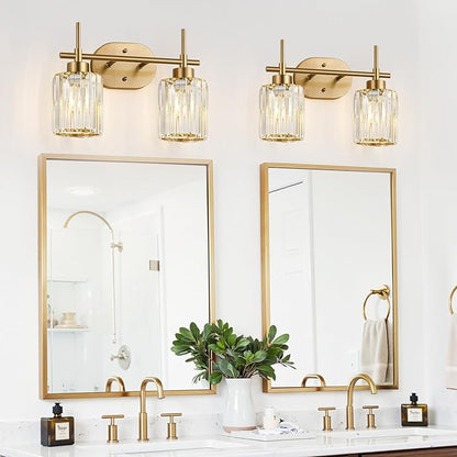 Modern Crystal Bathroom Vanity Light, 2-Light Brushed Gold Bathroom Light Fixtures with Clear Shades, Vanity Lighting Fixtures Over Mirror (Exclude Bulb)