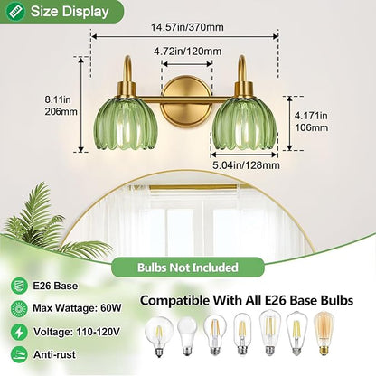 2-Light Bathroom Vanity Light, Brushed Gold Vanity Wall Light Over Mirror with Ribbed Green Tulip Glass Shade, Bathroom Light Fixtures for Bedroom, Living Room, Hallway