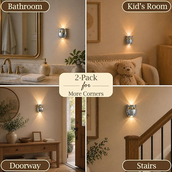 2-Pack Silver Owl Wall Lamp, Cute LED Night Light for Bedroom Decor, Warm Ambient Lighting for Kids Room, Nursery & Hallway, Creative Animal Wall Light, Gift for Home Decoration