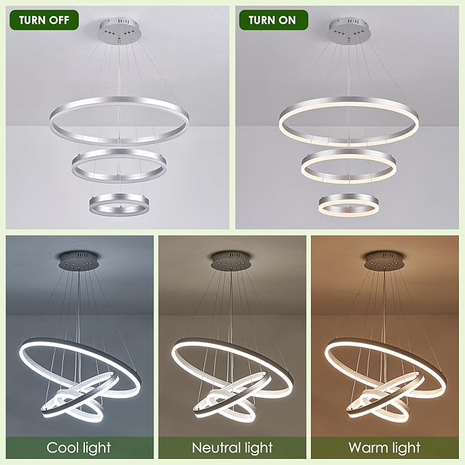 Benkut 3-Rings Modern LED Chandelier Silver Dimmable Pendant Lighting with Remote Control Circular Flush Mount High Ceiling Light for Dining Room Living Room Entrance Foyer, 3000K-6500K D23.6in