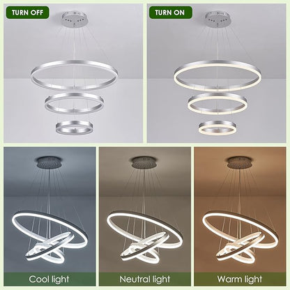 Benkut 3-Rings Modern LED Chandelier Silver Dimmable Pendant Lighting with Remote Control Circular Flush Mount High Ceiling Light for Dining Room Living Room Entrance Foyer, 3000K-6500K D23.6in