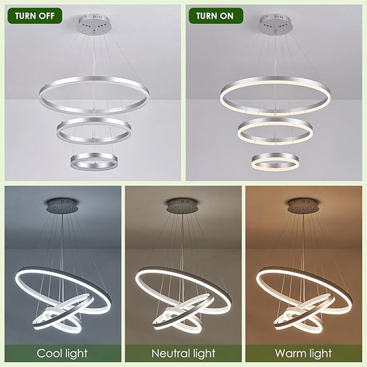 Benkut 3-Rings Modern LED Chandelier Silver Dimmable Pendant Lighting with Remote Control Circular Flush Mount High Ceiling Light for Dining Room Living Room Entrance Foyer, 3000K-6500K D23.6in