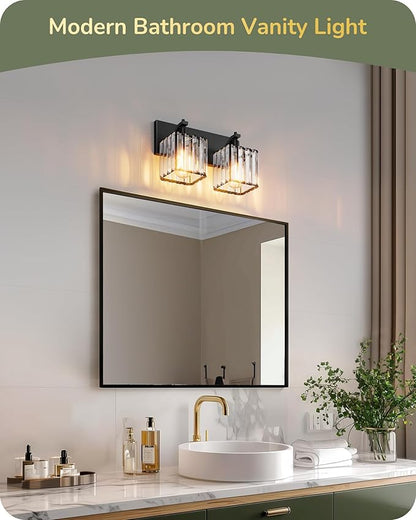 EDISHINE Bathroom Vanity Light Fixtures, 2 Light Crystal Bathroom Lighting Fixtures Over Mirror, Modern Wall Sconce for Powder Room, Bedroom, E26 Base, Black