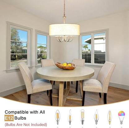 Drum Modern Chandeliers for Dining Room Light Fixture 5 Lights Brushed Nickel Chandelier with Linen Lampshade 19” Farmhouse Chandelier Large Pendant Lighting Fixtures for Foyer Entryway Kitchen